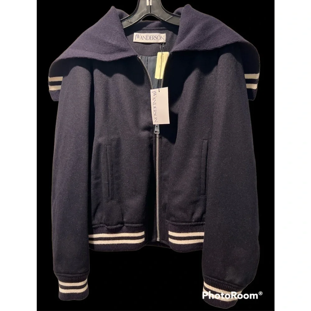 NWT J.W. ANDERSON CAPED ZIP-FRONT KNIT BOMBER JACKET IN NAVY